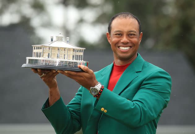 Woods celebrates during the Green Jacket Ceremony after winning the Masters at Augusta National Golf Club on April 14, 2019 in Augusta, Georgia. (Photo: Andrew Redington via Getty Images)