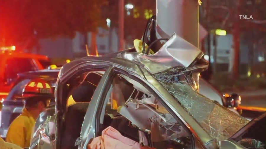 First responders arrive at the scene of a fatal crash in Canoga Park on Jan. 31, 2024. (TNLA)