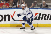 Tampa Bay Lightning defenseman Brayden Point (21) celebrates after scoring the game winning goal against the Florida Panthers during the third period in Game 1 of an NHL hockey Stanley Cup first-round playoff series, Sunday, May 16, 2021, in Sunrise, Fla. (AP Photo/Joel Auerbach)