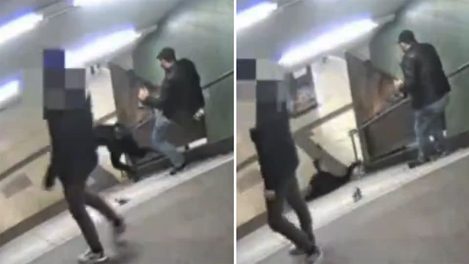 The man kicks the woman in her back and sends her flying down at least eight steps.Photo: LiveLeak