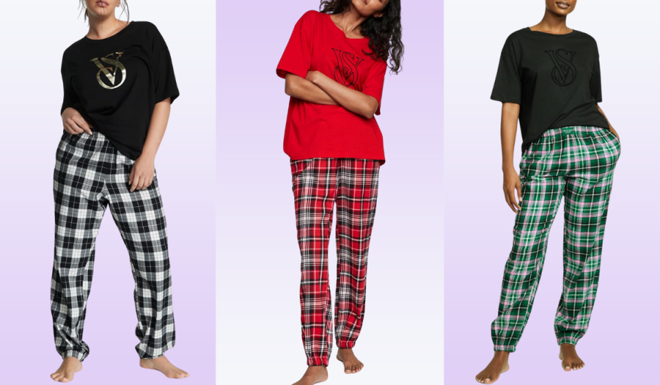 women wearing 3 sets of plaid pants and oversized tee shirts