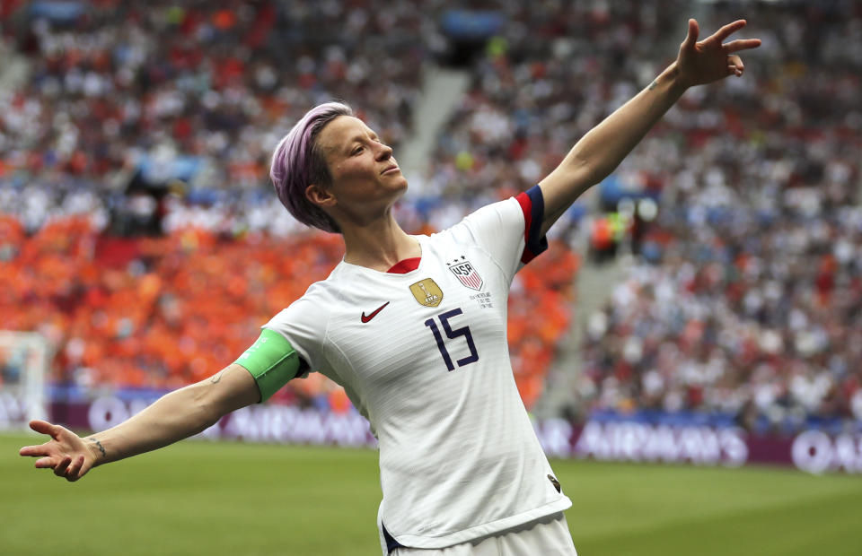 USA's Megan Rapinoe celebrates after scoring the opening goal during the Women's World Cup final soccer match between US and the Netherlands on July 7, 2019. (AP)