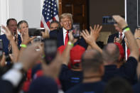 President Donald Trump speaks during an event Trump National Golf Club, Friday, Aug. 14, 2020, in Bedminster, N.J., with members of the City of New York Police Department Benevolent Association. (AP Photo/Susan Walsh)