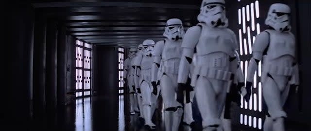 Stormtroopers walking inside the Death Star in "Star Wars: Episode IV - A New Hope"