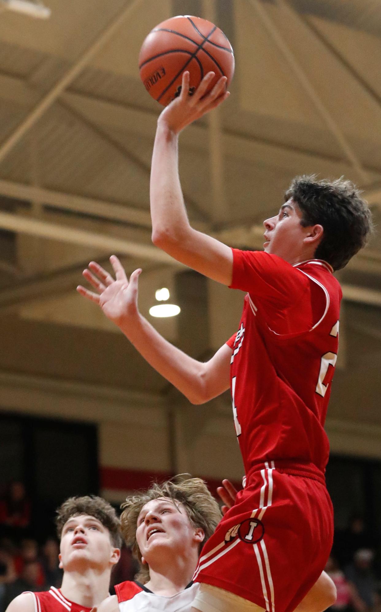 Twin Lakes Jamison Ousley (24) shoots the ball during the IHSAA boy’s basketball game against the Frontier Falcons, Tuesday, Dec. 19, 2023, at Frontier Elementary School in Brookston, Ind. Twin Lakes won 64-33. The gym at Frontier Elementary School used to be the home of Brookston High School, before consolidating with Chalmers High School to form Frontier High School.