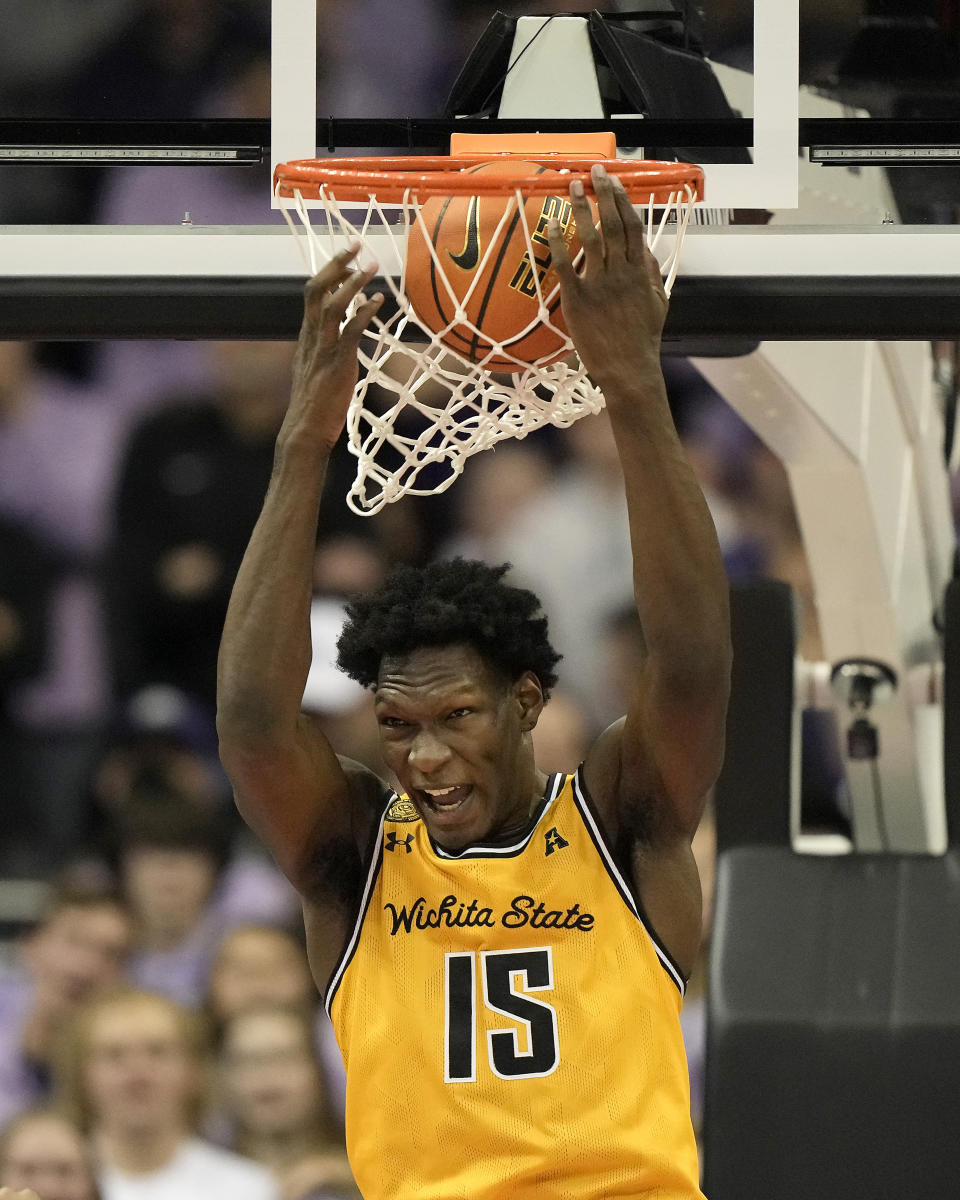 Wichita State guard Yanis Bamba dunks the ball during the first half of an NCAA college basketball game against Kansas State Thursday, Dec. 21, 2023, in Kansas City, Mo. (AP Photo/Charlie Riedel)