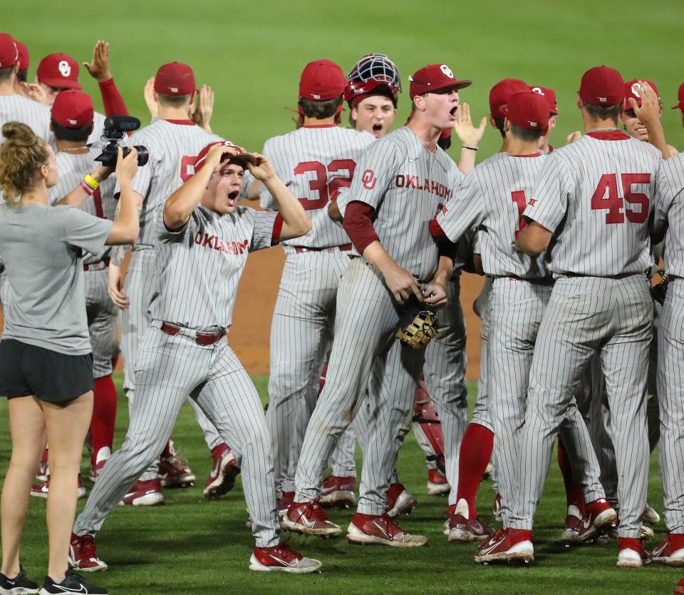 The Oklahoma Sooners celebrate after beating Florida in the final game of the Gainesville Regionals in then 2022 Division 1 Baseball Championship held at Condron Stadium on the UF campus in Gainesville Fla. June 6, 2022. The Sooners won 5-4.   [Brad McClenny/The Gainesville Sun]