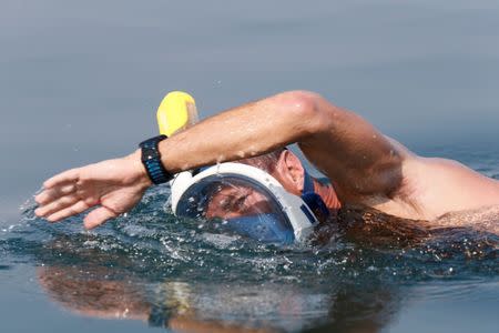 An environmental activist takes part in "The Dead Sea Swim Challenge", swimming from the Jordanian to Israeli shore, to draw attention to the ecological threats facing the Dead Sea, in Kibbutz Ein Gedi, Israel November 15, 2016. REUTERS/Nir Elias