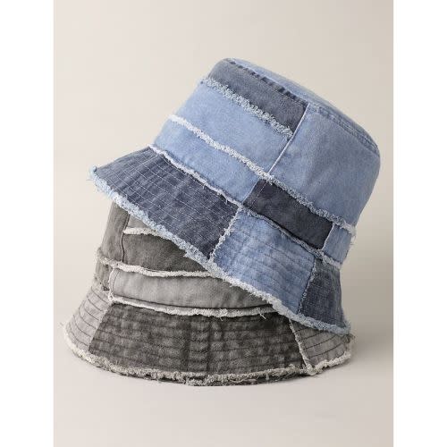 black and blue denim bucket hats stacked