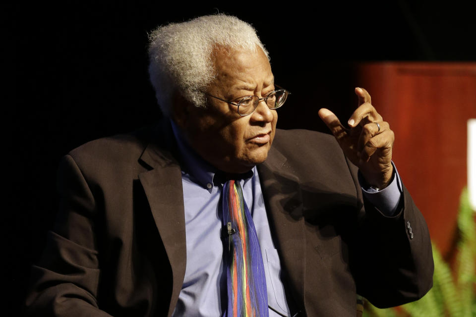 FILE - In this Sept. 17, 2015, file photo, the Rev. James Lawson speaks in Murfreesboro, Tenn. Lawson, who led nonviolence workshops during the civil rights struggles of the 1960s, said he's encouraged by efforts to maintain equality at the polls amid what he see as attempts to thwart it. (AP Photo/Mark Humphrey, File)