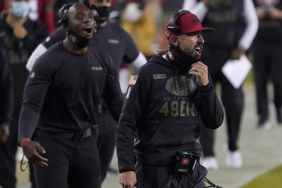 Kyle Shanahan (right) and the San Francisco 49ers will play their next two home games in Arizona after Santa Clara shut down their ability to do so at Levi's Stadium. (AP Photo/Tony Avelar)