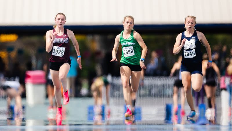 High school athletes compete during the BYU Track Invitational at the Clarence F. Robison Outdoor Track & Field in Provo on May 6, 2023.
