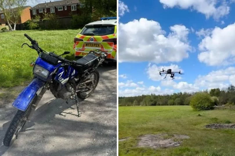 From left: A bike seized by police, and GMP's drone