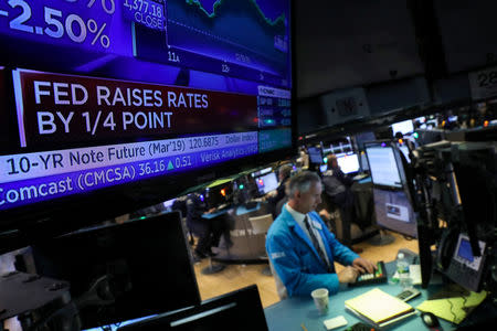 A screen displays the headlines that the U.S. Federal Reserve raised interest rates as a trader works at a post on the floor of the New York Stock Exchange (NYSE) in New York, U.S., December 19, 2018. REUTERS/Brendan McDermid