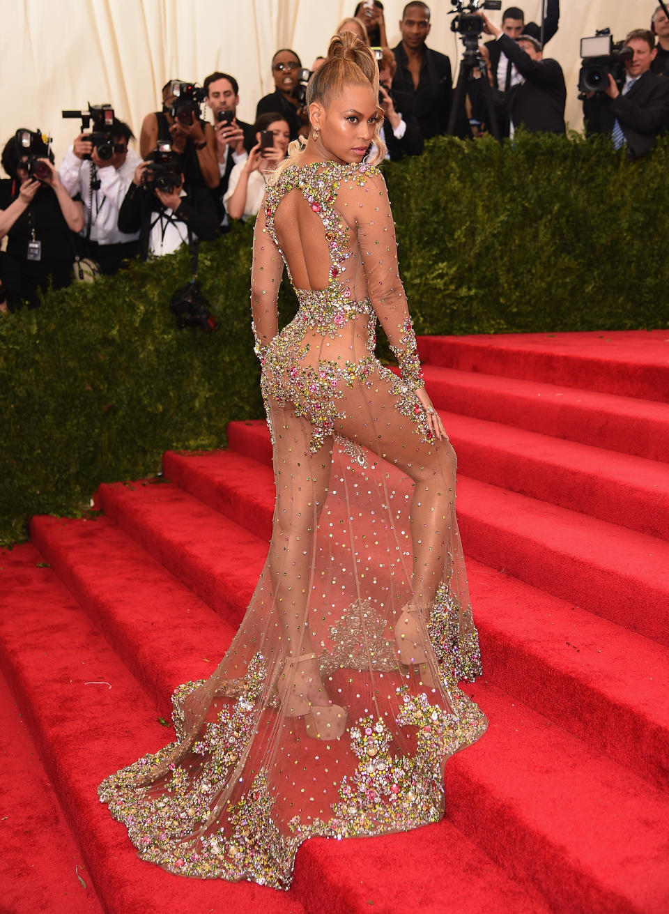 givenchy, sheer dresses trend, see-through style outfit fashion trends, NEW YORK, NY - MAY 04:  Beyonce attends the 'China: Through The Looking Glass' Costume Institute Benefit Gala at the Metropolitan Museum of Art on May 4, 2015 in New York City.  (Photo by Dimitrios Kambouris/Getty Images)