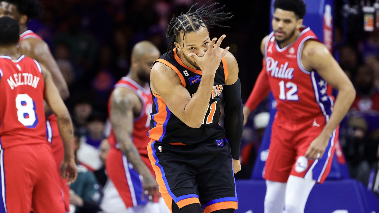 PHILADELPHIA, PENNSYLVANIA - FEBRUARY 10: Jalen Brunson #11 of the New York Knicks reacts after scoring during the first quarter against the Philadelphia 76ers at Wells Fargo Center on February 10, 2023 in Philadelphia, Pennsylvania. NOTE TO USER: User expressly acknowledges and agrees that, by downloading and or using this photograph, User is consenting to the terms and conditions of the Getty Images License Agreement. (Photo by Tim Nwachukwu/Getty Images)