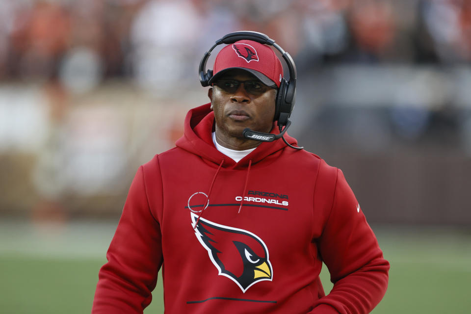 FILE - Arizona Cardinals defensive coordinator Vance Joseph is shown during the second half of an NFL football game against the Cleveland Browns, Sunday, Oct. 17, 2021, in Cleveland. Even though the NFL attempted to enhance opportunities for minority candidates to become head coaches in a league whose players are 70% black, there was a disconnect. (AP Photo/Ron Schwane, File)