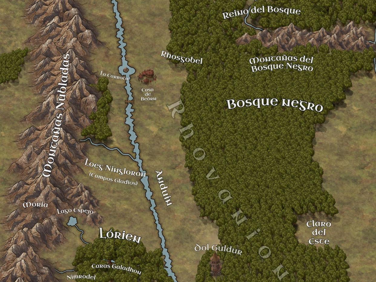 Mapa de Rhovanion, región de la Tierra Media que aparece en las novelas de Tolkien novelas El hobbit y El Señor de los Anillos, y es mencionada en El Silmarillion. <a href="https://commons.wikimedia.org/wiki/File:Rhovanion.jpg" rel="nofollow noopener" target="_blank" data-ylk="slk:Wikimedia Commons / Severuksen;elm:context_link;itc:0;sec:content-canvas" class="link ">Wikimedia Commons / Severuksen</a>, <a href="http://creativecommons.org/licenses/by-sa/4.0/" rel="nofollow noopener" target="_blank" data-ylk="slk:CC BY-SA;elm:context_link;itc:0;sec:content-canvas" class="link ">CC BY-SA</a>