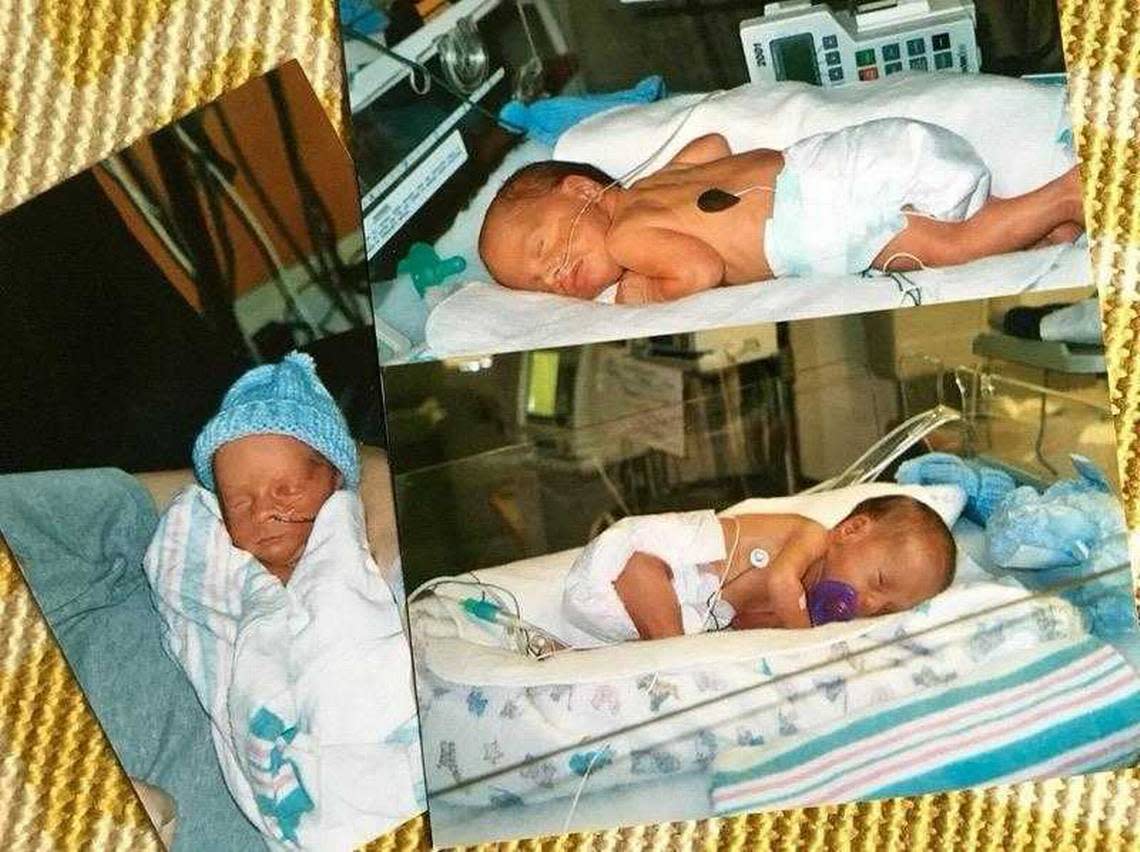 A Wehr family photo of the triplets in the neonatal intensive care unit, clockwise from top, shows Griffin, Matthew and Connor.