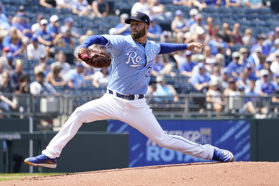 Kansas City Royals starting pitcher Danny Duffy throws in the first inning during a baseball game against the Minnesota Twins, Saturday July 3, 2021, in Kansas City, Mo. (AP Photo/Ed Zurga)