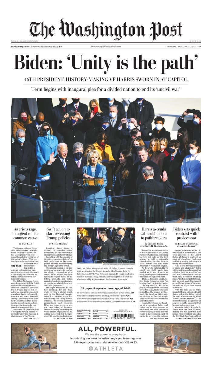 January 21, 2021 front page of The Washington Post