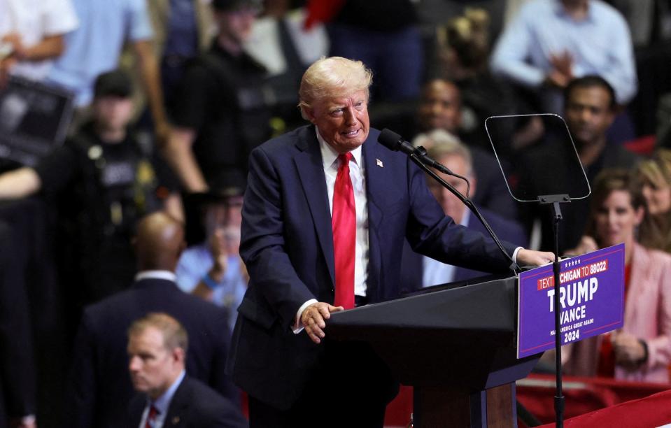 Republican presidential nominee and former U.S. President Donald Trump speaks in Grand Rapids, Michigan on July 20, 2024.