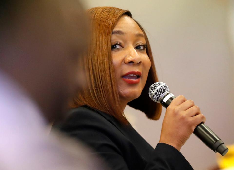 Tutonial "Toni" Williams, Memphis-Shelby County Schools current chief financial officer, speaks after she is selected as interim superintendent by the school board Tuesday, Aug. 30, 2022, in Memphis. The board voted 8-0 to select Williams. 