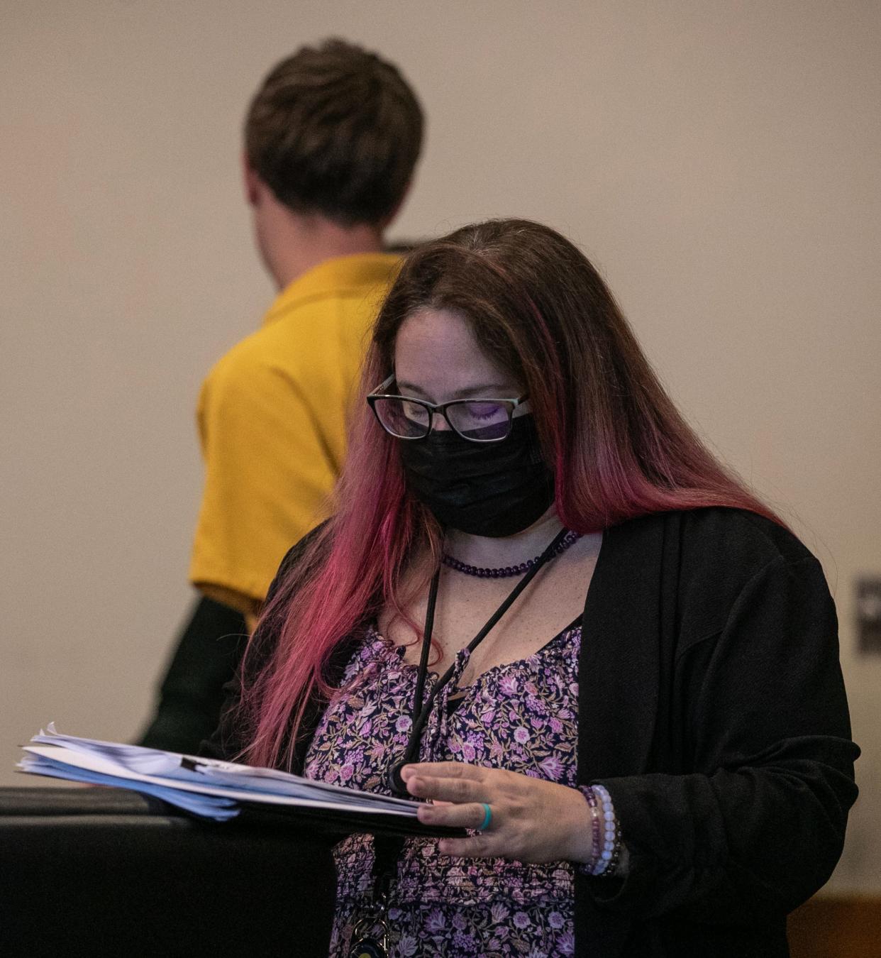 Public defender Ashley Kogan Weed was in court Wednesday, April 10, 2024 and spoke on behalf of Thomas Stein,16, visible in the background. Stein was charged in the fatal shooting of Cape Coral resident Kayla Rincon-Miller. Judge Andrew P. Marcus was presiding.