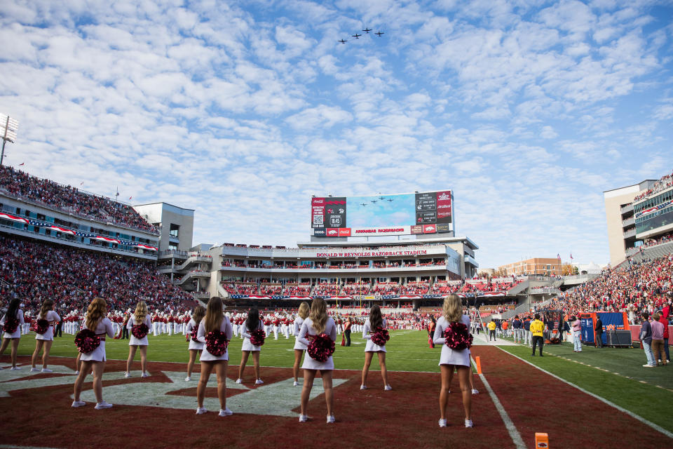 Nov 11, 2023; Fayetteville, Arkansas, USA; A flyover the stadium during the national anthem before the game between the Arkansas Razorbacks and the Auburn Tigers at Donald W. Reynolds Razorback Stadium. Auburn won 48-10. Mandatory Credit: Brett Rojo-USA TODAY Sports