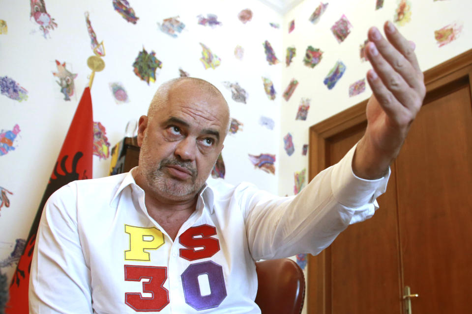 Albanian prime minister Edi Rama speaks during an interview to the Associated Press in Tirana, Friday, June 21, 2019. Rama says the opposition's main goal is to disrupt the country's efforts to launch full membership negotiations with the European Union. (AP Photo/Hektor Pustina)