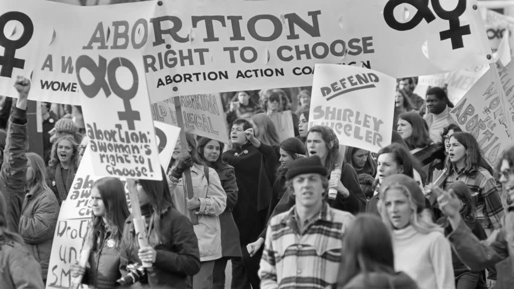 view of pro choice demonstrators, may with signs, as they march on pennsylvania avenue, washington dc, november 20, 1970 among the visible signs are several that read abortion, a womans right to choose, and one that reads defend shirley wheeler, referencing the first woman prosecuted under floridas abortion laws and possibly the first in the united states she was convicted the following year photo by leif skoogforsgetty images