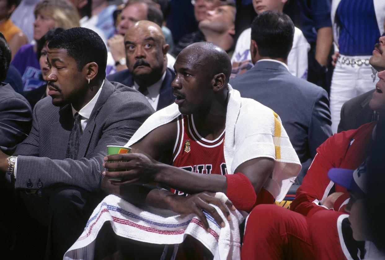 Michael Jordan powered the Bulls to a Game 5 win despite having flu-like symptoms. (Photo by John W. McDonough /Sports Illustrated via Getty Images)