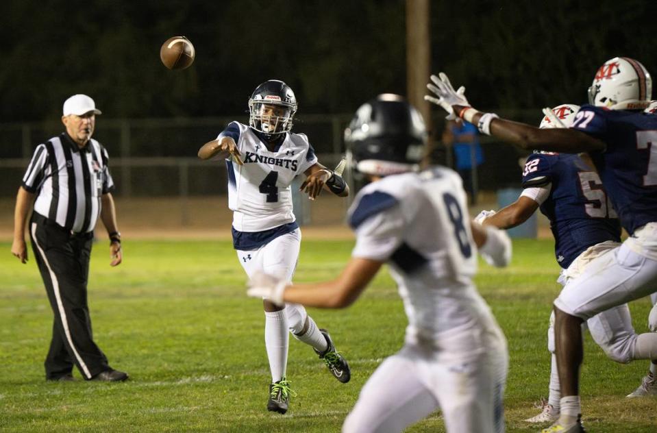 Stone Ridge Christian quarterback Marcus Gray makes a pass during the nonleague game with Modesto Christian at Modesto Christian High School in Salida, Calif., Friday, Sept. 15, 2023.