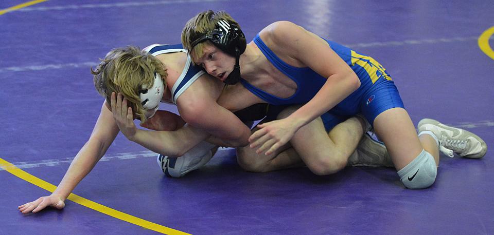 Porter Lozenski of Aberdeen Central controls Tea Area's Braeden Dunkelberger at 132 pounds during the Marv Sherrill Dual wrestling tournament on Saturday, Dec. 2, 2023 in the Watertown Civic Arena.