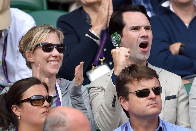 <p>Karwai Tang/WireImage</p> Karoline Copping and Jimmy Carr attend day seven of the Wimbledon Tennis Championships on July 6, 2015 in London, England.