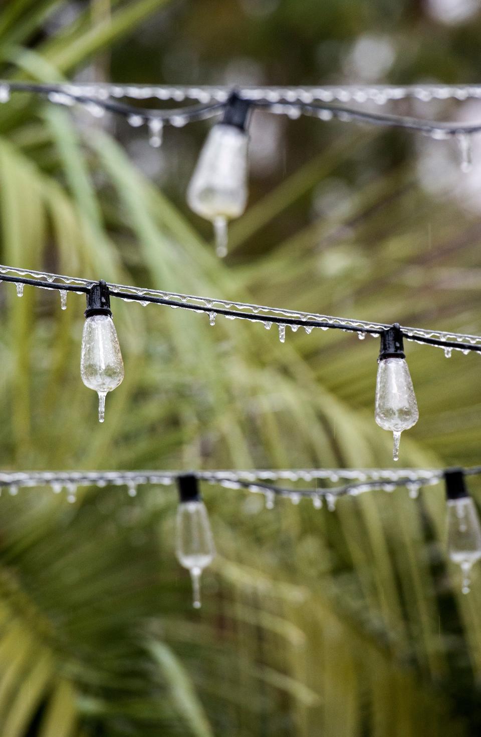 With a backdrop of palm trees, icicles hang from patio lights in Madison, Miss., on Wednesday, Feb. 17, 2021, following a winter storm that moved into the state Sunday, Feb, 14.