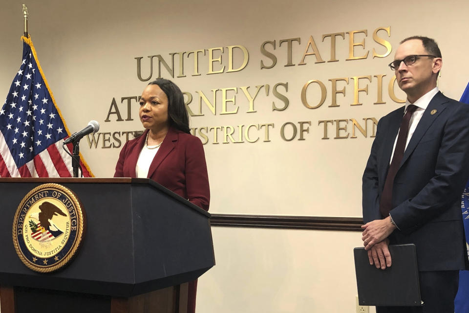 Kristen Clarke, the Assistant U.S. Attorney General for the Department of Justice’s Civil Rights Division, speaks during a news conference on Thursday, July 27, 2023 in Memphis, Tenn. The U.S. Department of Justice said Thursday it is investigating the patterns or practices of the Memphis Police Department, seven months after the violent beating of Tyre Nichols by five officers after a traffic stop.(AP Photo/Adrian Sainz).