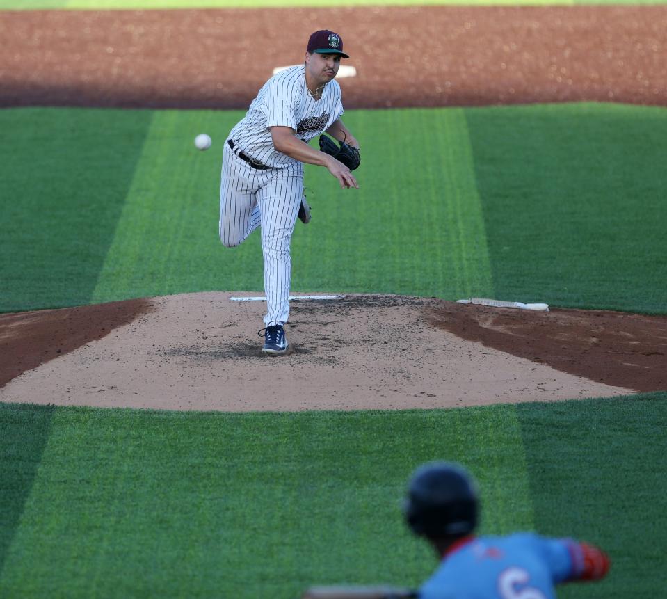 Hudson Valley Renegades pitcher, Baron Stuart pitches to Aberdeen's Enrique Bradfield Jr. during Tuesday's home opener on April 16, 2024.