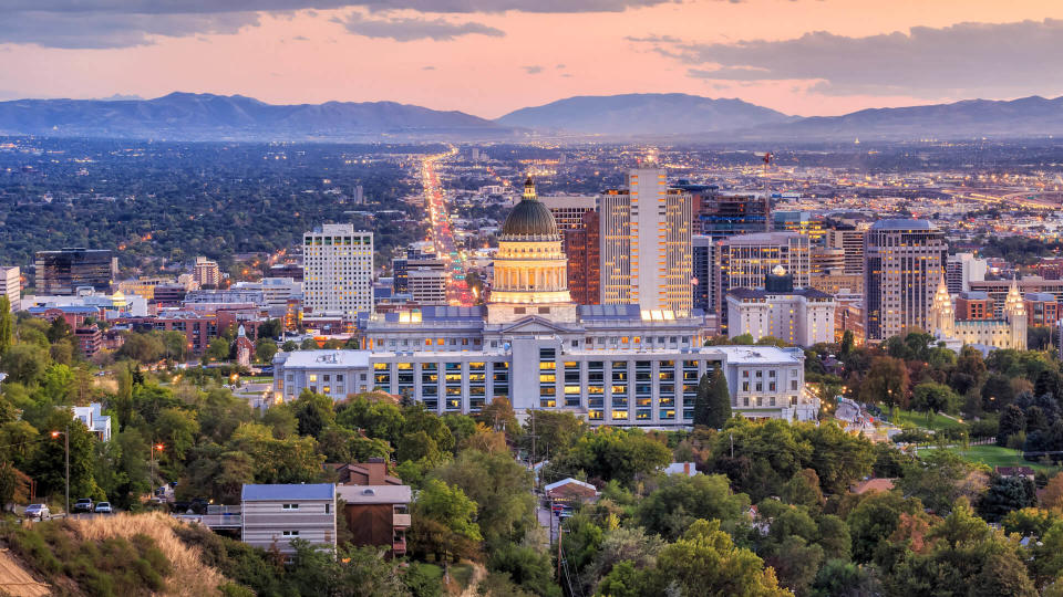 Salt Lake City skyline Utah at night.