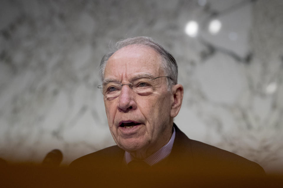 Sen. Chuck Grassley, R-Iowa, speaks as Department of Justice Inspector General Michael Horowitz testifies at a Senate Judiciary Committee hearing on the Inspector General's report on alleged abuses of the Foreign Intelligence Surveillance Act, Wednesday, Dec. 11, 2019, on Capitol Hill in Washington. (AP Photo/Andrew Harnik)