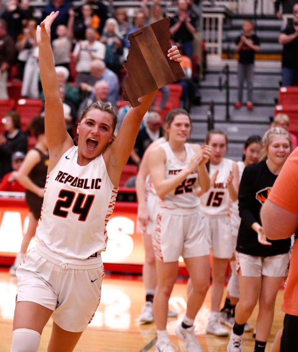 Republic's Kaemyn Bekemeier celebrates her team's victory over Kickapoo in District Basketball action in Nixa on March 7, 2023.  