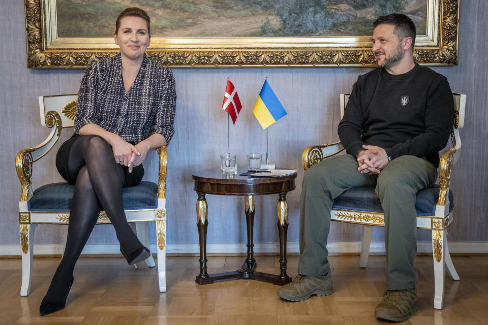 Danish Prime Minister Mette Frederiksen, left, holds a bilateral meeting with Ukrainian President Volodymyr Zelenskyy at the presidential palace in Helsinki, Finland, Wednesday, May 3, 2023. (Mads Claus Rasmussen/Ritzau Scanpix via AP)