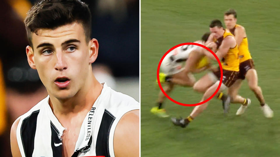 Nick Daicos is pictured left, with the moment he injured his knee against Hawthorn highlighted on the right.