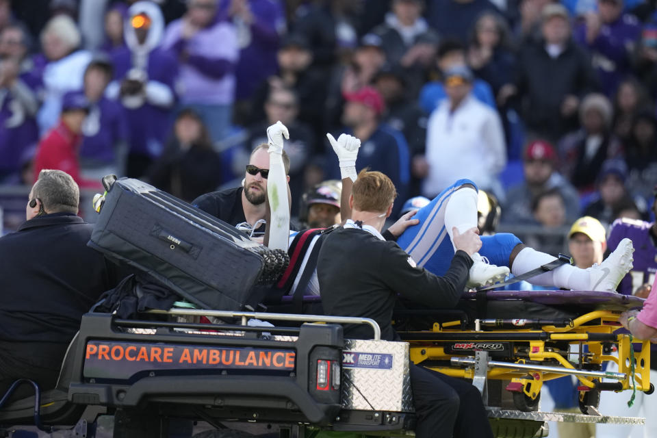 Detroit Lions running back Mohamed Ibrahim signals as he is carted off the field during the second half of an NFL football game against the Baltimore Ravens, Sunday, Oct. 22, 2023, in Baltimore. (AP Photo/Alex Brandon)