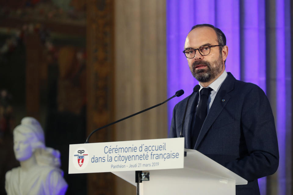 France's prime minister Edouard Philippe delivers a speech during a French Naturalization Ceremony, at the Pantheon, in Paris, Thursday, March 21, 2019. (AP Photo/Thibault Camus, Pool)