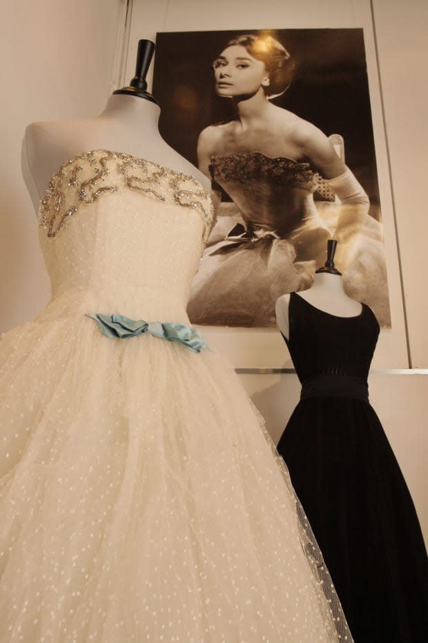 The Givenchy white point d'esprit ball gown (left), which Audrey Hepburn wore in the 1956 film 'Love in the Afternoon.'<p>Photo: Peter Macdiarmid/Getty Images</p>