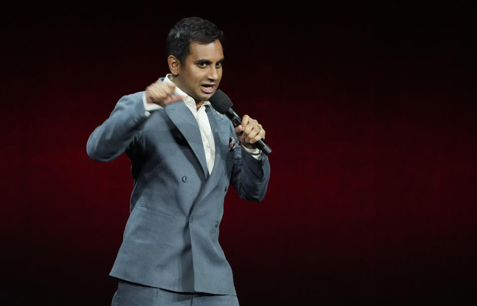 Aziz Ansari, a cast member, writer and director of the upcoming film "Good Fortune," discusses the film during the Lionsgate presentation at CinemaCon 2024, Wednesday, April 10, 2024, at Caesars Palace in Las Vegas. (AP Photo/Chris Pizzello)