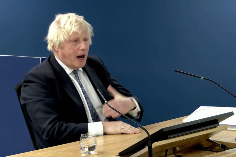 Britain’s former Prime Minister Boris Johnson giving evidence at the UK Covid-19 Inquiry, in west London, on Thursday (UK Covid-19 Inquiry/AFP via Gett)