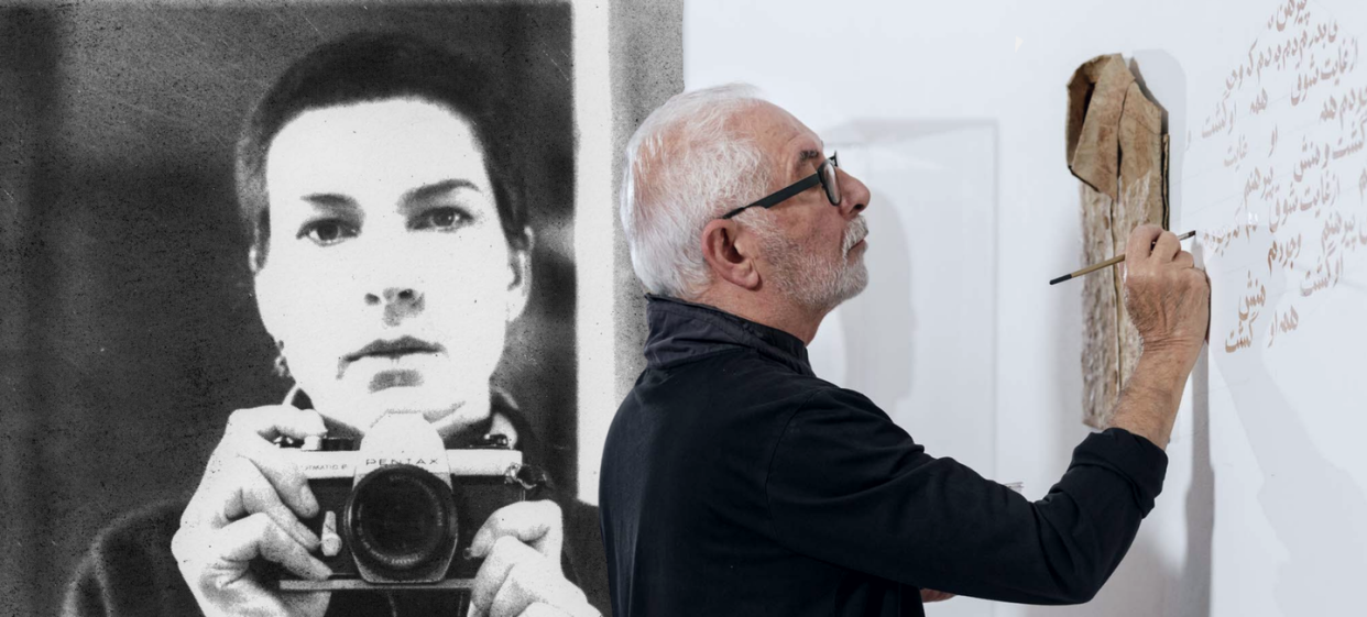 <span class="caption">Ann Newmarch, born Adelaide 1945, died Adelaide 2022, Self-portrait. 1/60th of a second, 1981, Adelaide, photo-etching on paper, 26.4 x 34.7 cm (plate), Public Donations Fund 2015, Art Gallery of South Australia, Adelaide, © Ann Newmarch; and Hossein Valamanesh with his work Untitled, Gallery 6, Art Gallery of South Australia, Adelaide, 2019</span>