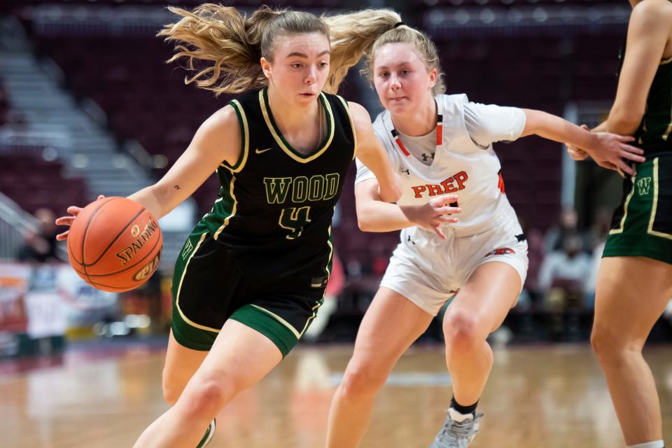 Archbishop Wood's Ava Renninger drives to the basket during the Vikings' 37-27 win over Cathedral Prep in Saturday night's PIAA Class 5A championship game at the Giant Center.